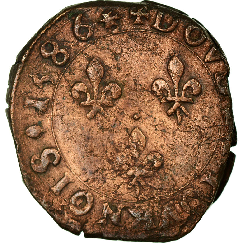Coin, France, Henri III, Double Tournois, 1586, La Rochelle, EF(40-45), Copper
