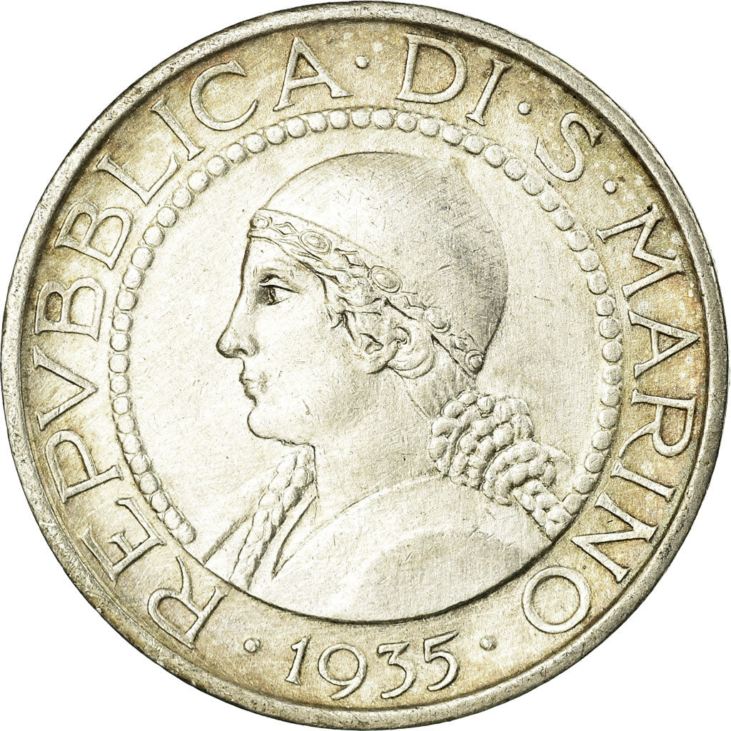 Coin, San Marino, 5 Lire, 1935, Rome, AU(50-53), Silver, KM:9