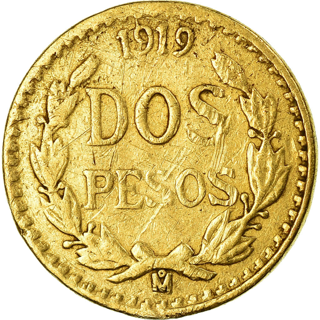 Moneda, México, 2 Pesos, 1919, Mexico City, BC+, Oro, KM:461