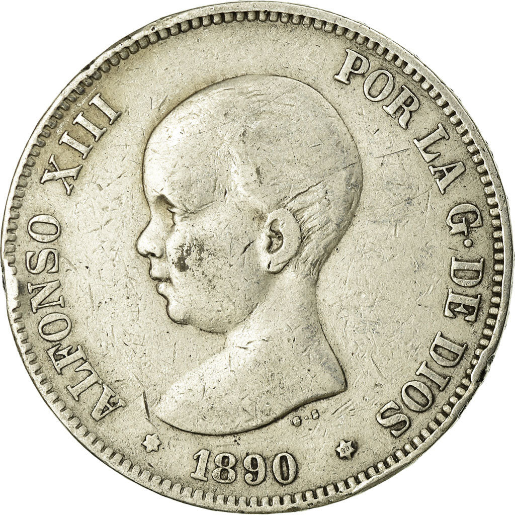 Moneda, España, Alfonso XIII, 5 Pesetas, 1890, Madrid, BC+, Plata, KM:689
