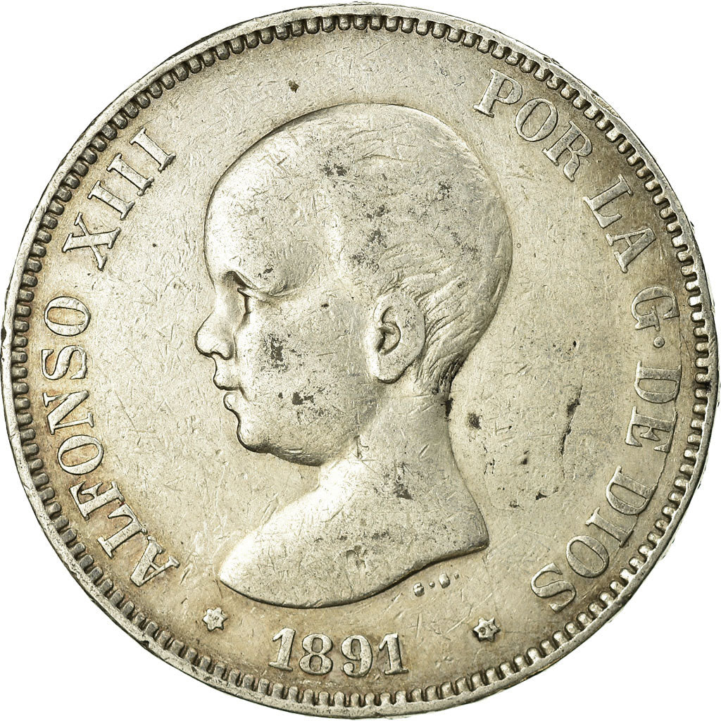 Coin, Spain, Alfonso XIII, 5 Pesetas, 1891, Madrid, EF(40-45), Silver, KM:689