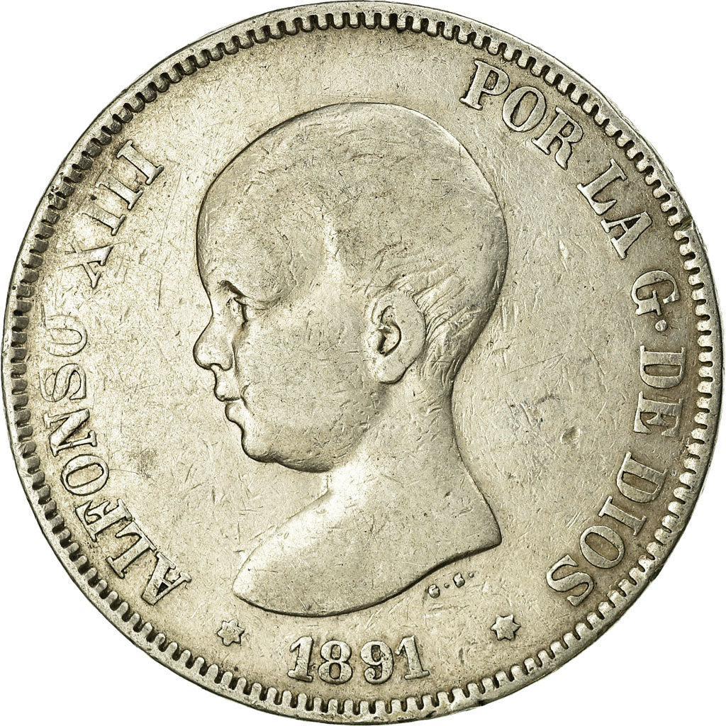 Coin, Spain, Alfonso XIII, 5 Pesetas, 1891, Madrid, VF(30-35), Silver, KM:689