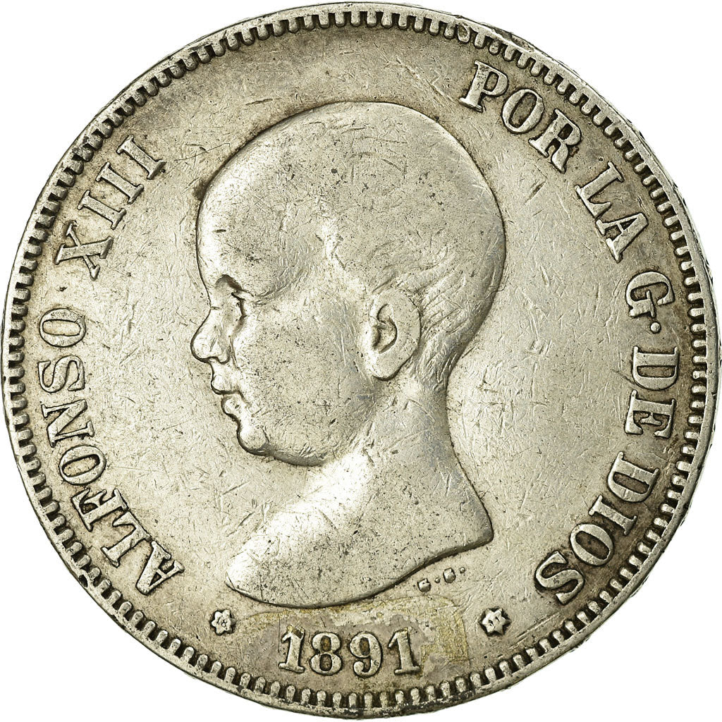 Moneda, España, Alfonso XIII, 5 Pesetas, 1891, Madrid, BC+, Plata, KM:689