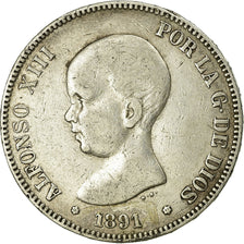 Moneda, España, Alfonso XIII, 5 Pesetas, 1891, Madrid, BC+, Plata, KM:689