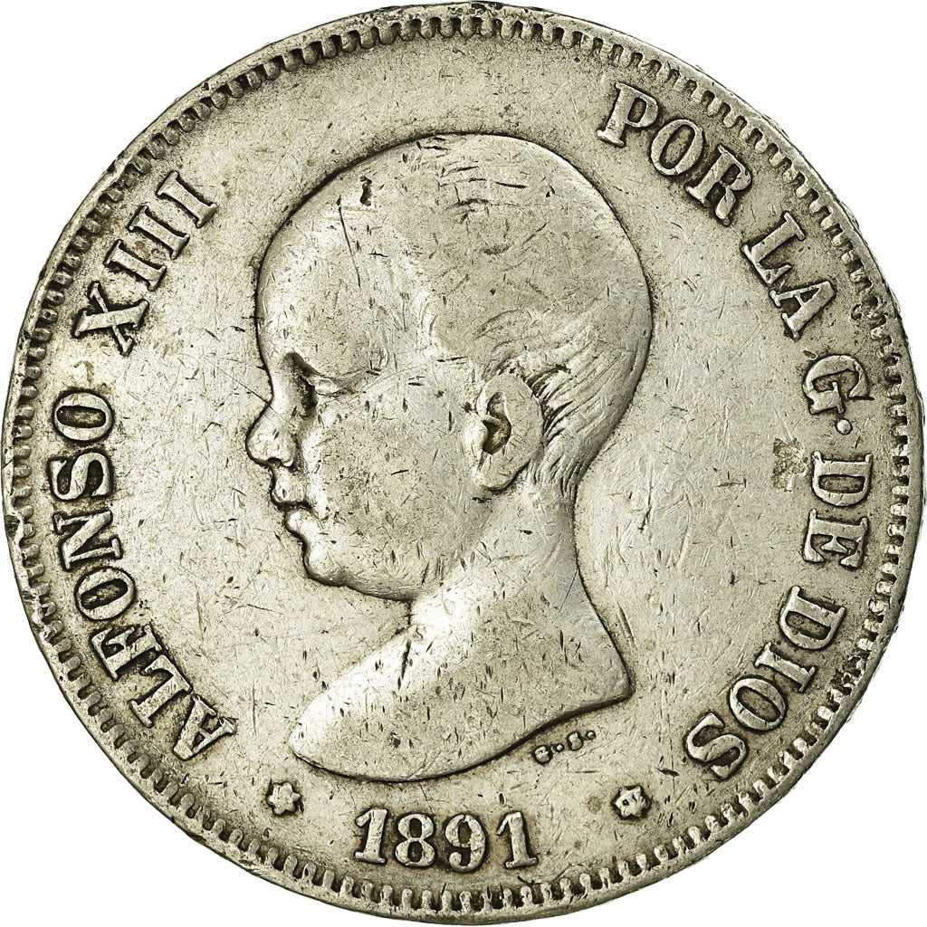 Coin, Spain, Alfonso XIII, 5 Pesetas, 1891, Madrid, VF(30-35), Silver, KM:689