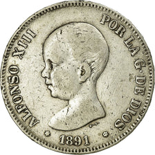 Coin, Spain, Alfonso XIII, 5 Pesetas, 1891, Madrid, VF(30-35), Silver, KM:689