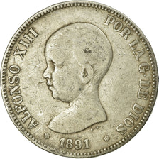 Coin, Spain, Alfonso XIII, 5 Pesetas, 1891, Madrid, VF(20-25), Silver, KM:689