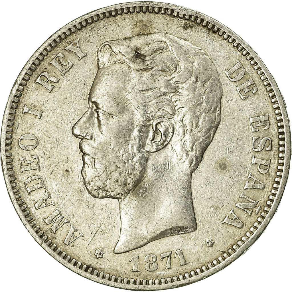 Coin, Spain, Amadeao I, 5 Pesetas, 1871, Madrid, EF(40-45), Silver, KM:666