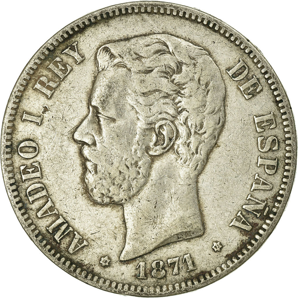 Coin, Spain, Amadeao I, 5 Pesetas, 1871, Madrid, VF(30-35), Silver, KM:666