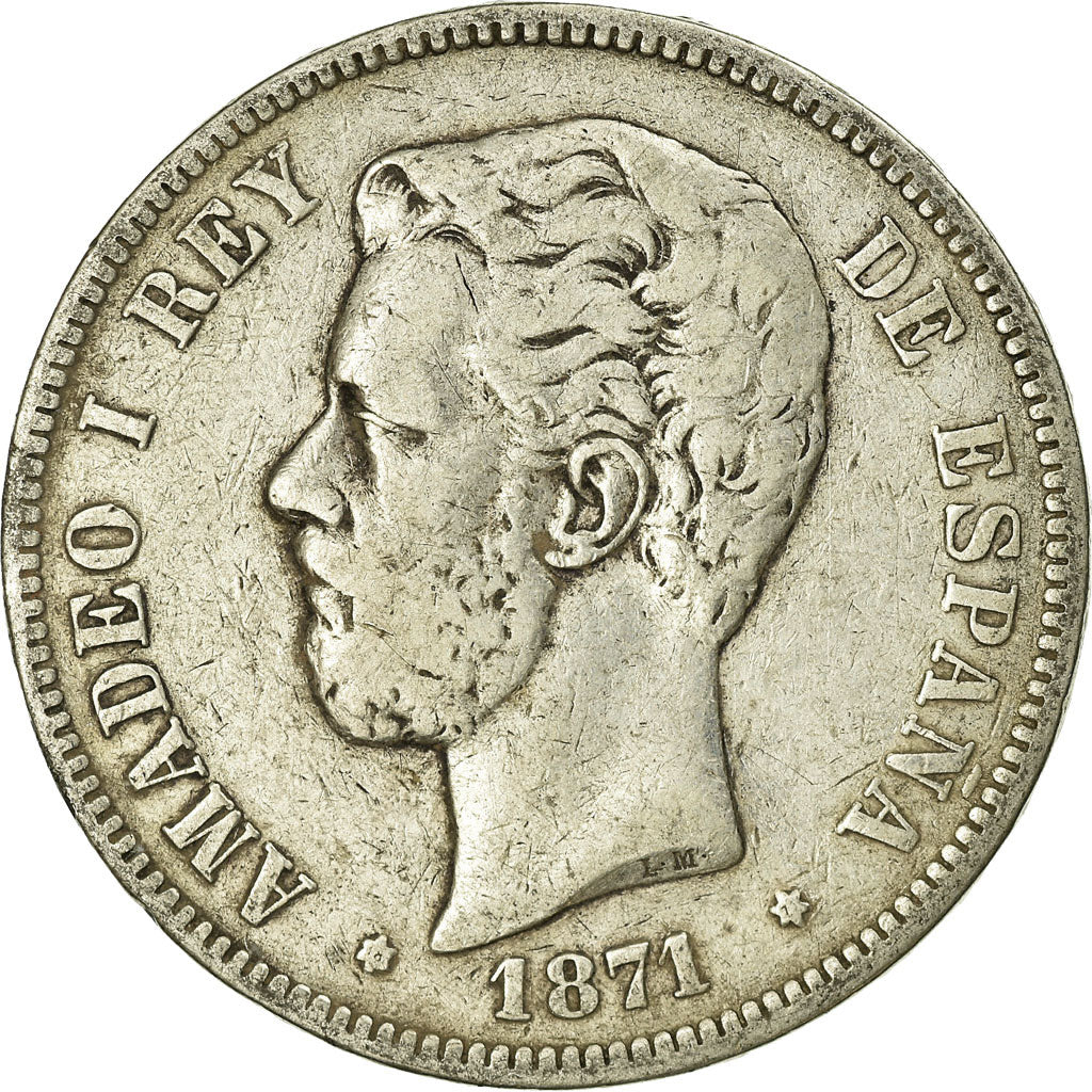 Coin, Spain, Amadeao I, 5 Pesetas, 1871, Madrid, VF(30-35), Silver, KM:666