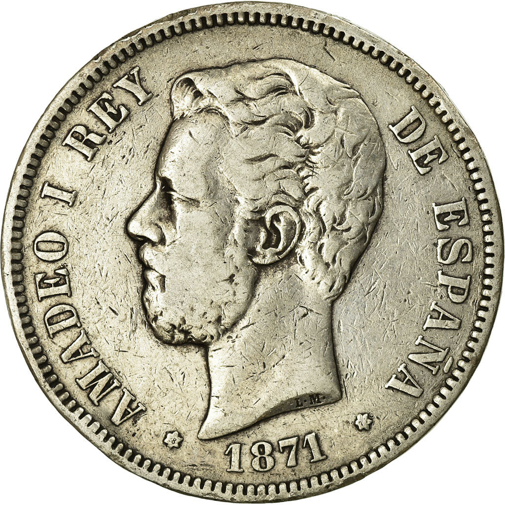 Moneda, España, Amadeao I, 5 Pesetas, 1871, Madrid, BC+, Plata, KM:666