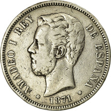 Moneda, España, Amadeao I, 5 Pesetas, 1871, Madrid, BC+, Plata, KM:666