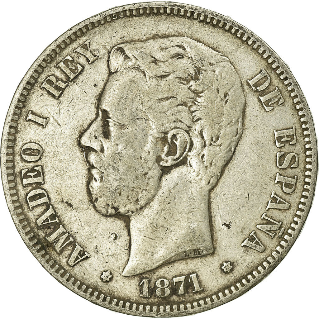 Coin, Spain, Amadeao I, 5 Pesetas, 1871, Madrid, VF(30-35), Silver, KM:666