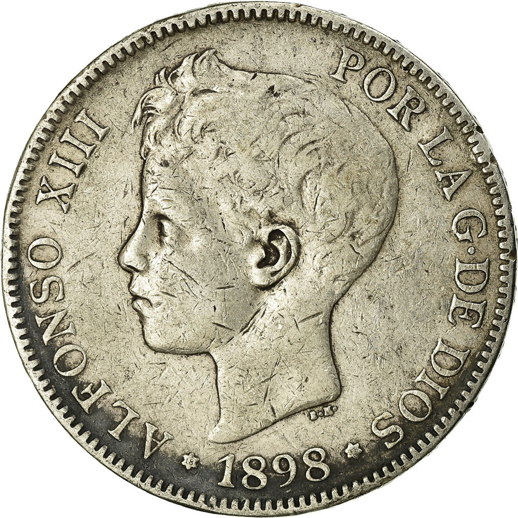 Moneta, Spagna, Alfonso XIII, 5 Pesetas, 1898, Madrid, MB+, Argento, KM:707