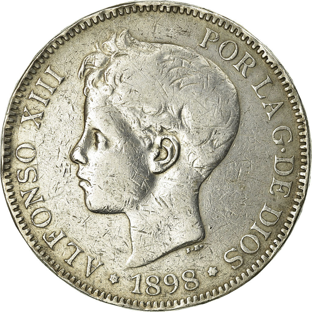 Moneta, Spagna, Alfonso XIII, 5 Pesetas, 1898, Madrid, MB, Argento, KM:707