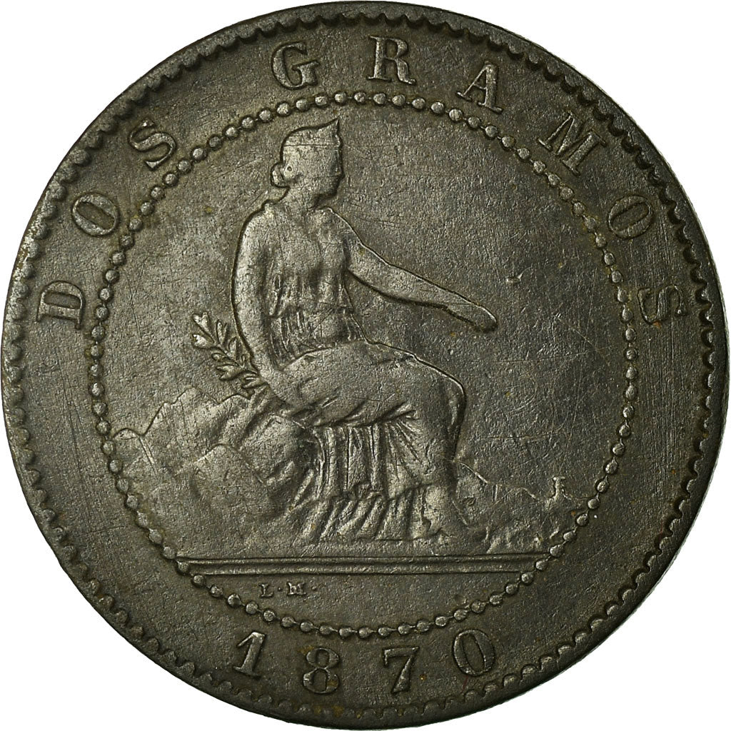 Coin, Spain, Provisional Government, 2 Centimos, 1870, Barcelona, VF(30-35)