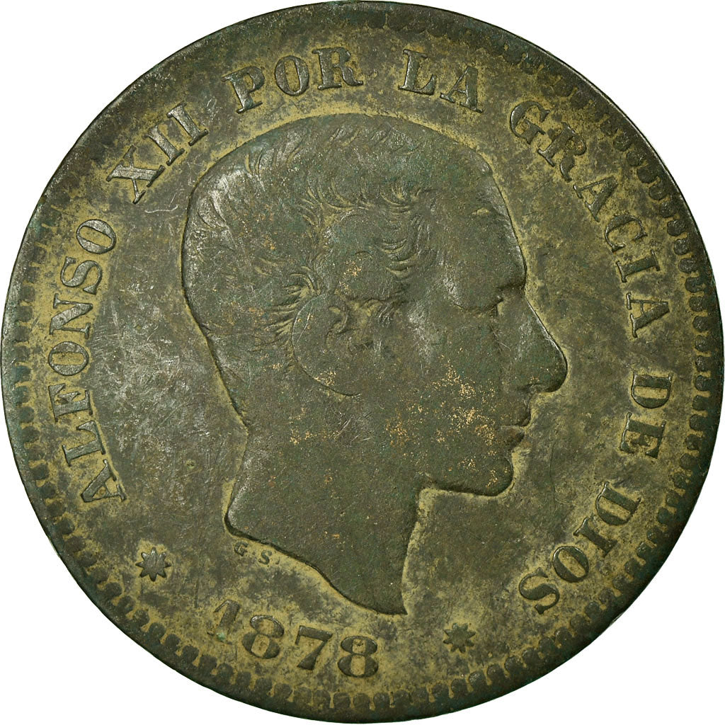 Moneda, España, Alfonso XII, 5 Centimos, 1878, Barcelona, BC+, Bronce, KM:674