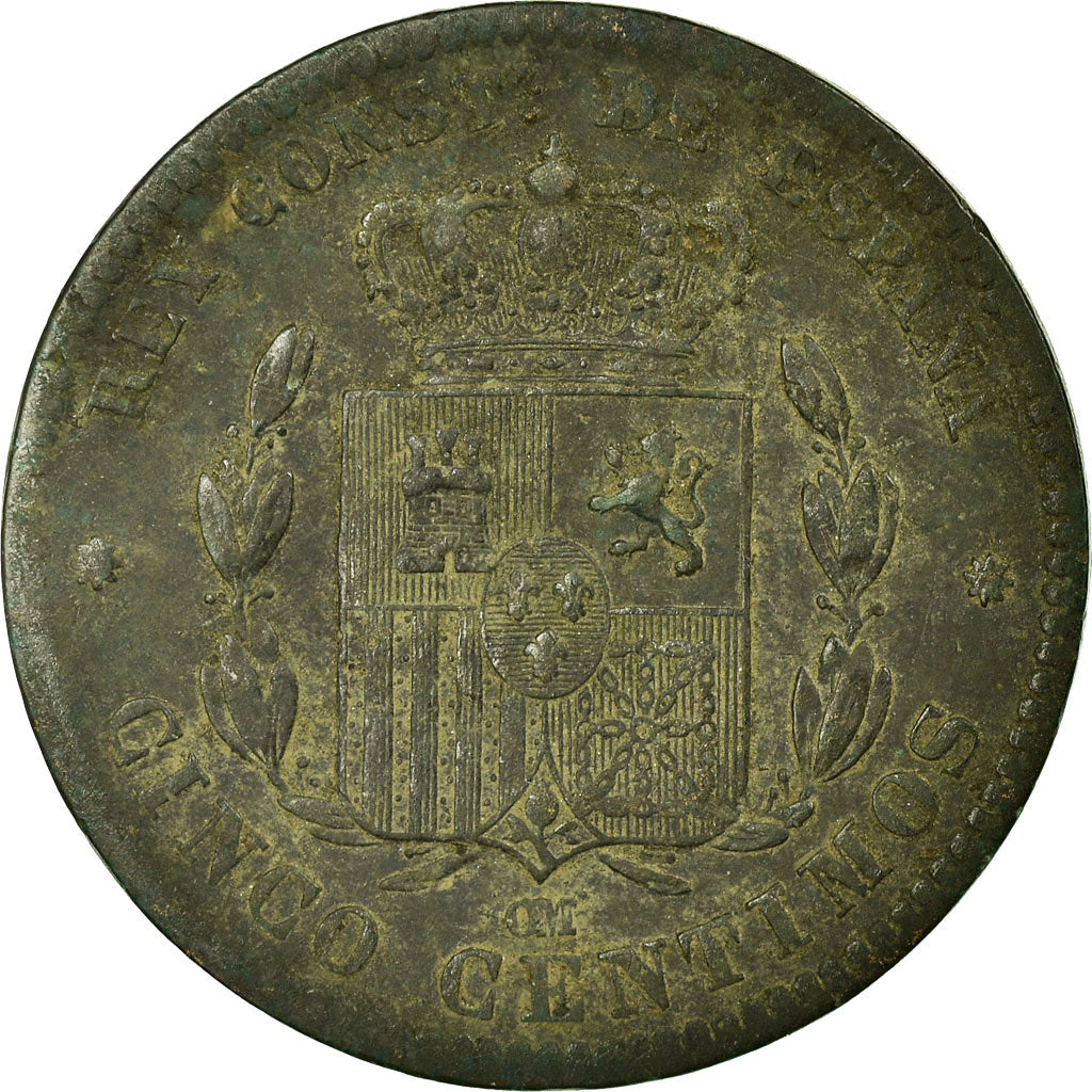 Moneda, España, Alfonso XII, 5 Centimos, 1878, Barcelona, BC+, Bronce, KM:674