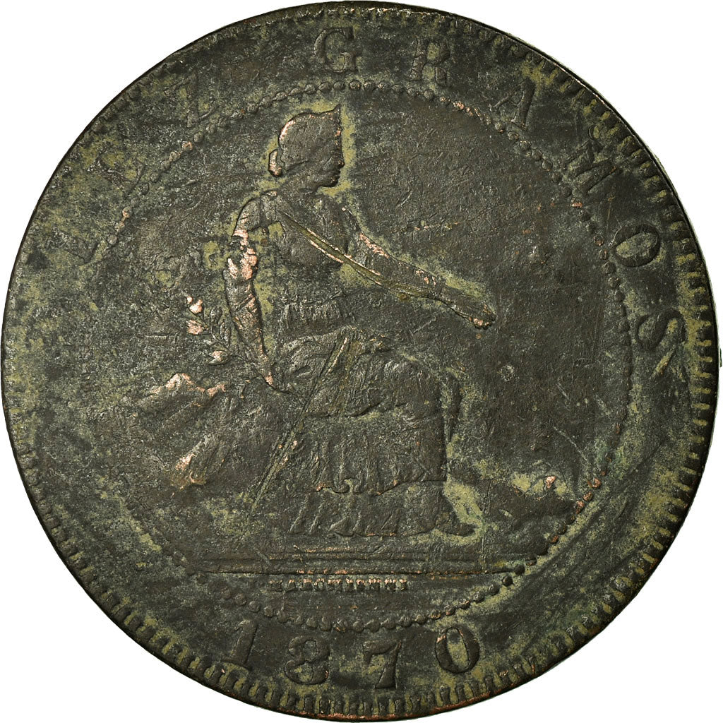 Coin, Spain, Provisional Government, 10 Centimos, 1870, Barcelona, VF(20-25)