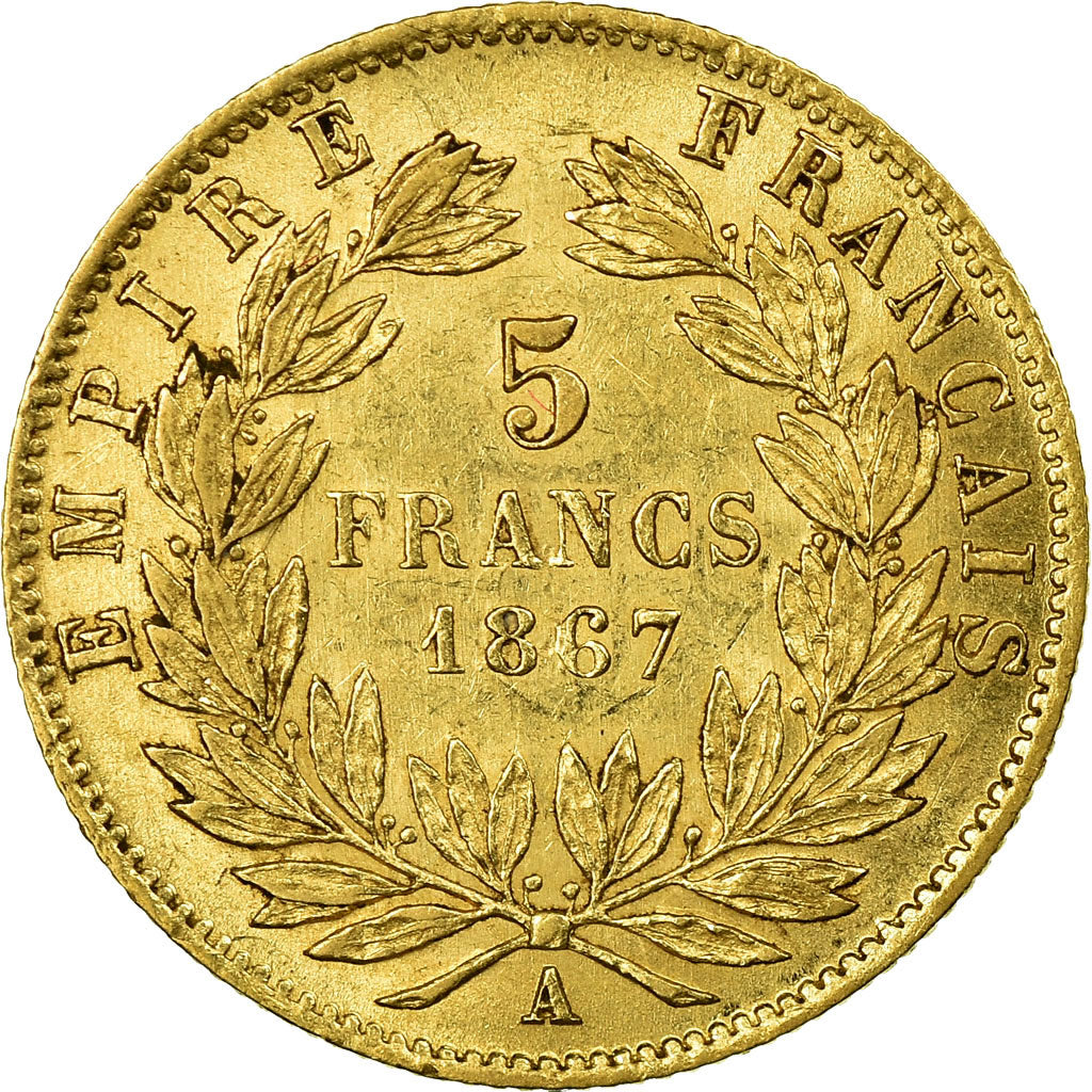 Coin, France, Napoleon III, 5 Francs, 1867, Paris, EF(40-45), Gold