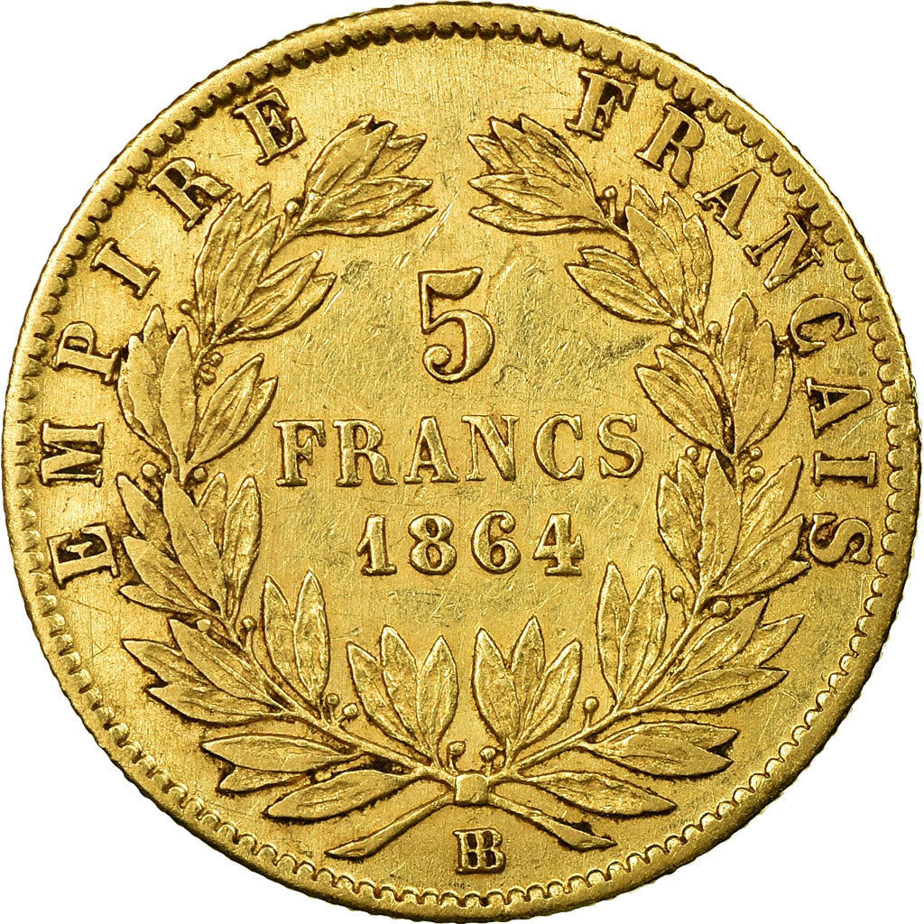 Moneda, Francia, Napoleon III, Napoléon III, 5 Francs, 1864, Strasbourg, BC+