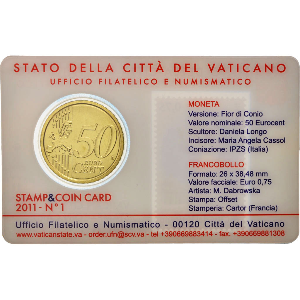 VATICAN CITY, 50 Euro Cent, 2011, Brass, Coin Card, KM:387