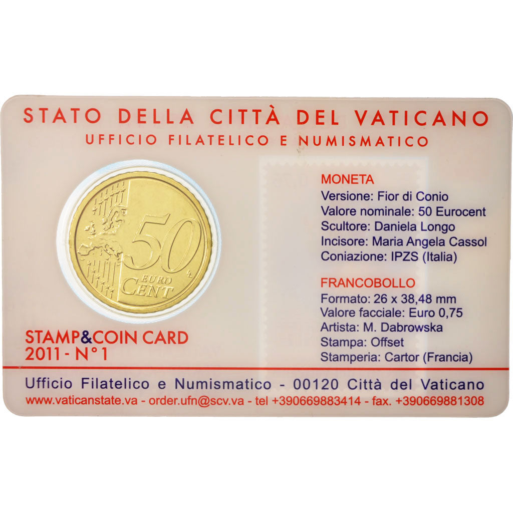 VATICAN CITY, 50 Euro Cent, 2011, Brass, Coin Card, KM:387