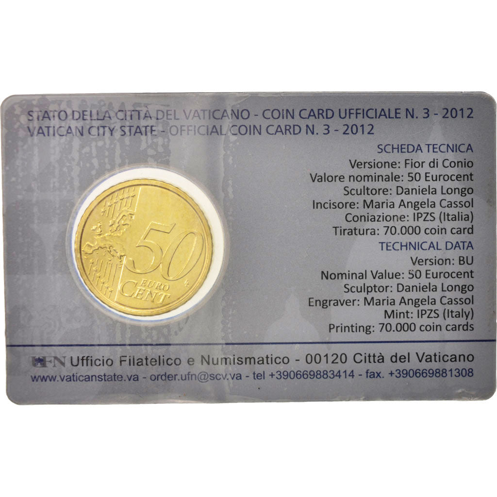 VATICAN CITY, 50 Euro Cent, 2012, Brass, Coin Card, KM:387