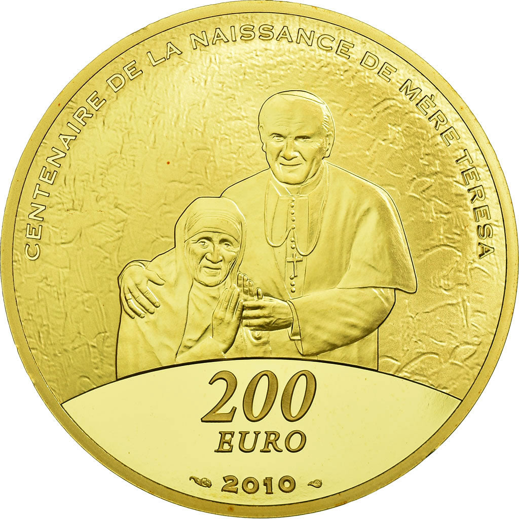 Frankreich, 200 Euro, Mère Teresa et Jean-Paul II, 2010, STGL, Gold, KM:1693