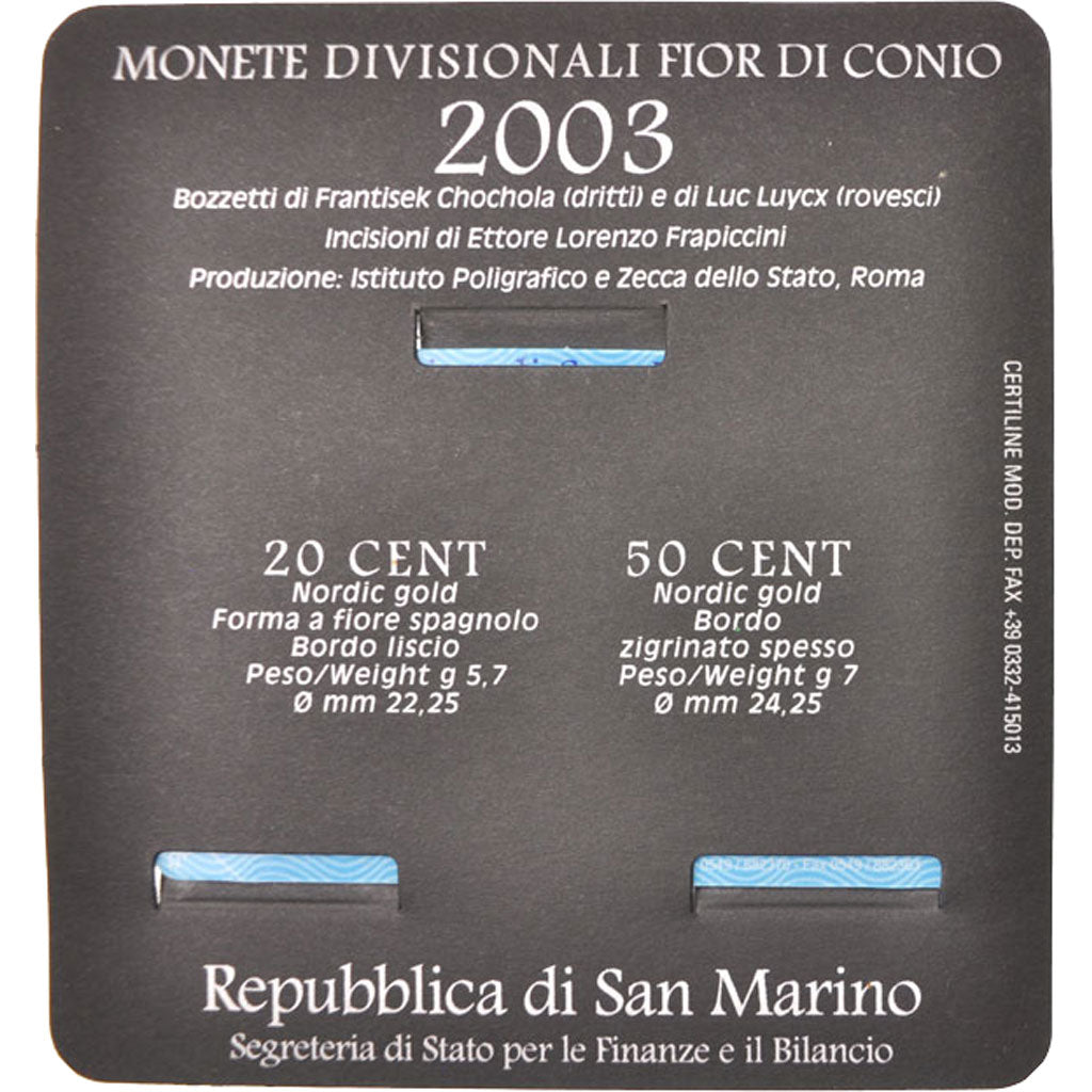 San Marino, Coin card 20 & 50 Euro Cents, 2003