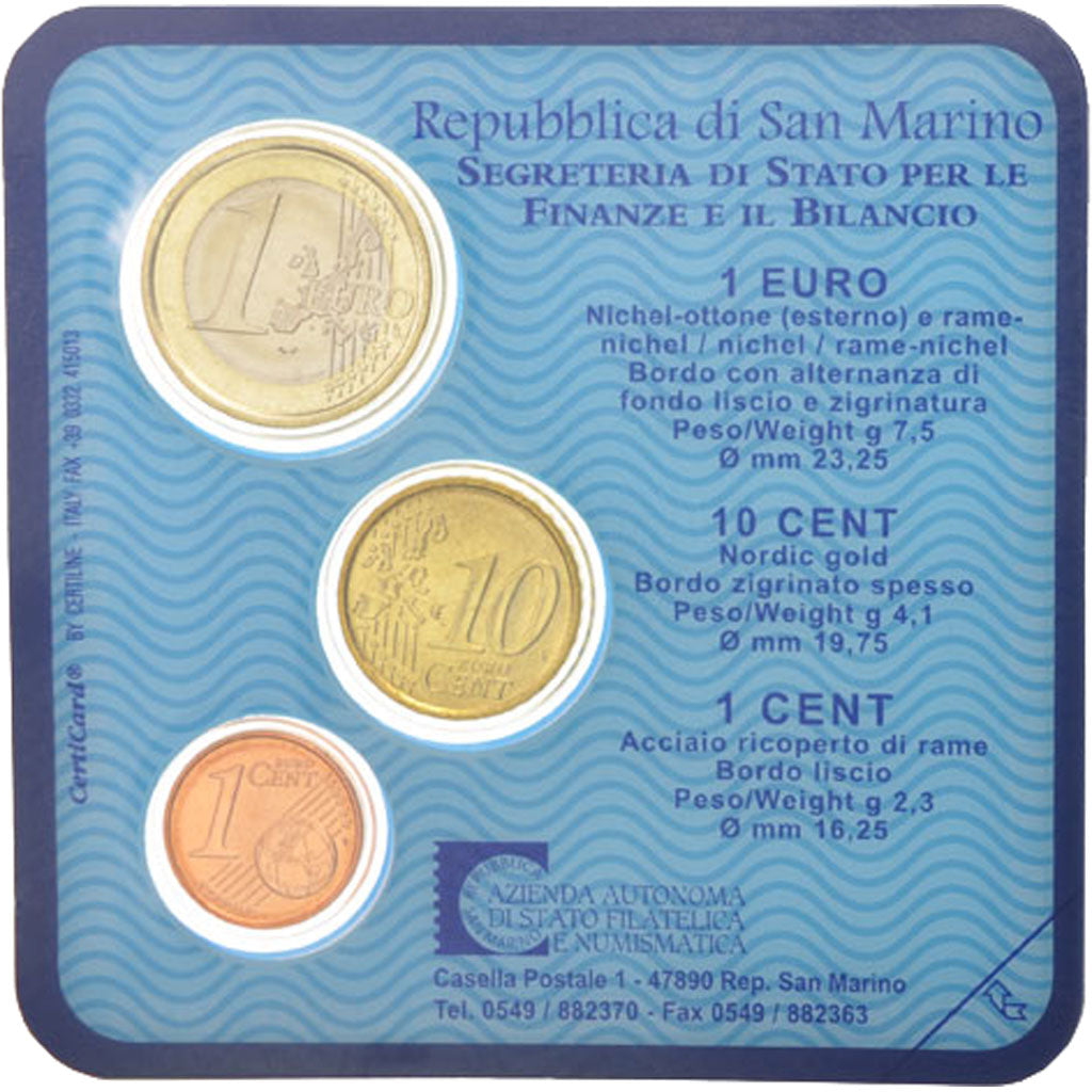 San Marino, Set, 1 cent, 10 cents, 1 euro, 2004, Bi-metallico