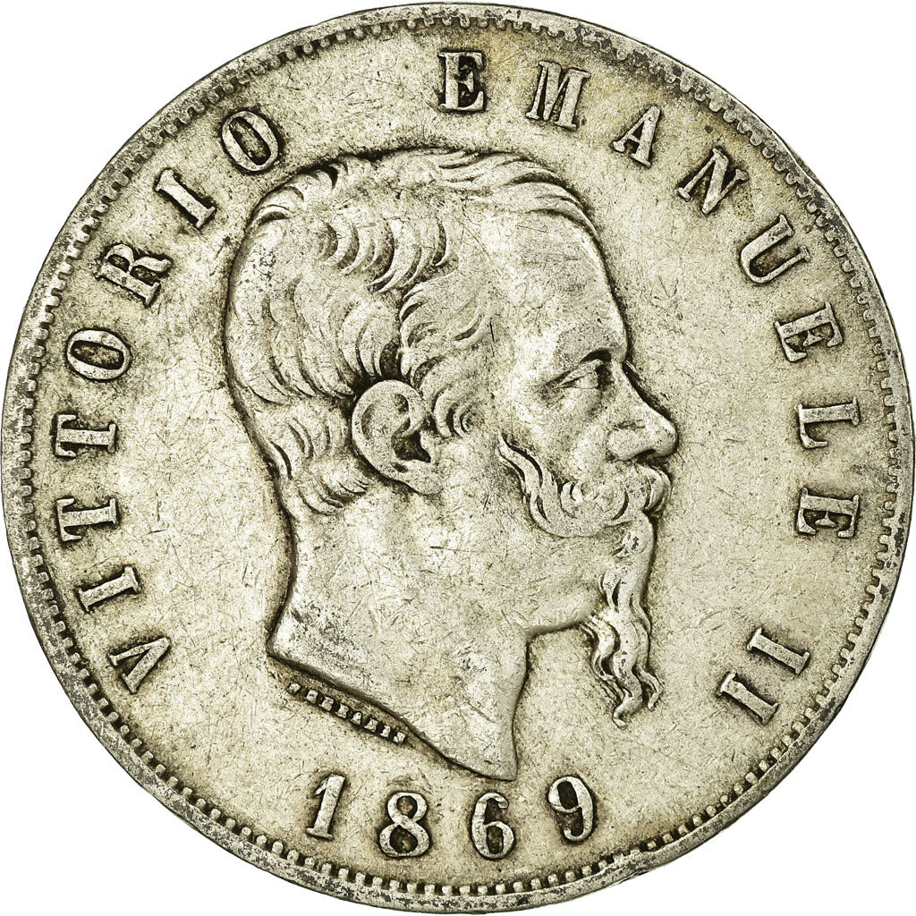 Moneta, Italia, Vittorio Emanuele II, 5 Lire, 1869, Milan, MB+, Argento, KM:8.3