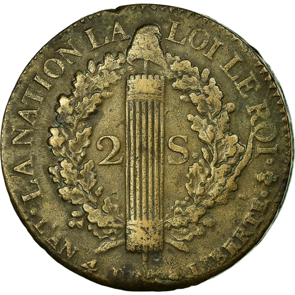 Moneda, Francia, Louis XVI, 2 sols françois, 2 Sols, 1792, Paris, MBC, Bronce