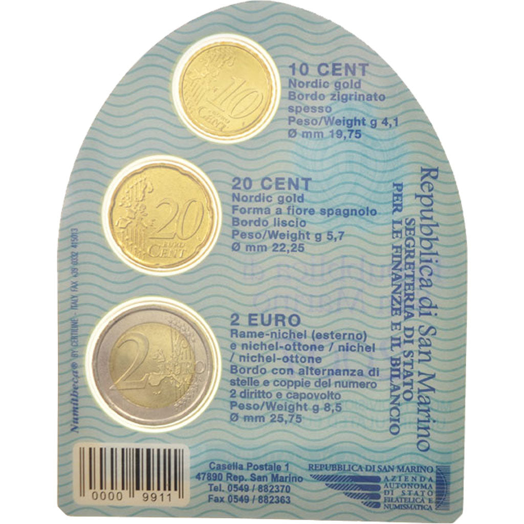 San Marino, Set, 10 cents, 20 cents, 2 euro, 2007, Bi-Metallic