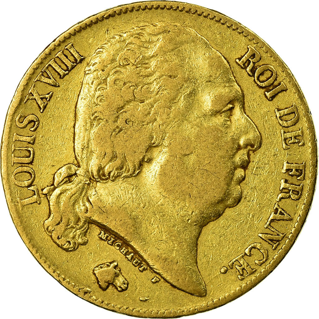 Moeda, França, Louis XVIII, Louis XVIII, 20 Francs, 1819, Paris, EF(40-45)
