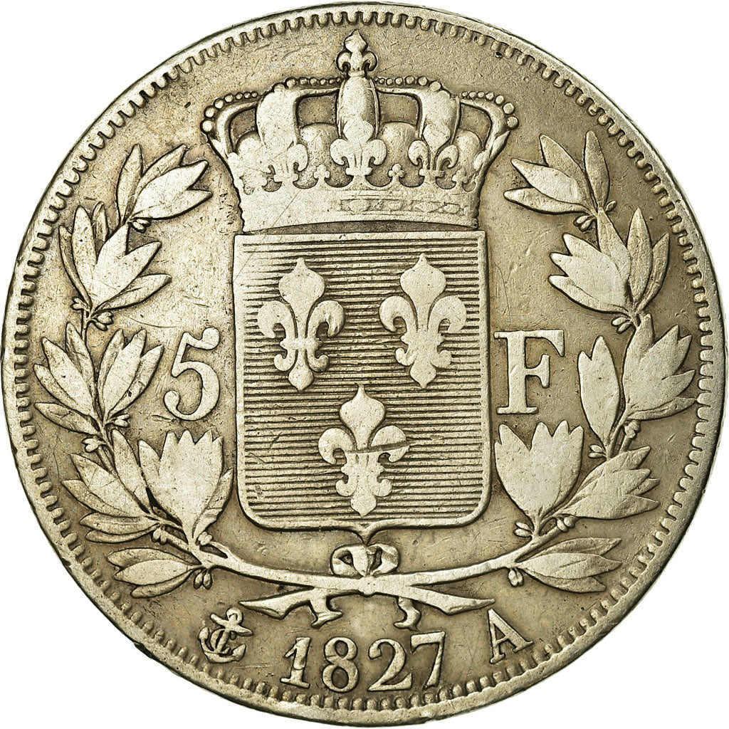 Coin, France, Charles X, 5 Francs, 1827, Paris, VF(30-35), Silver, KM:728.1