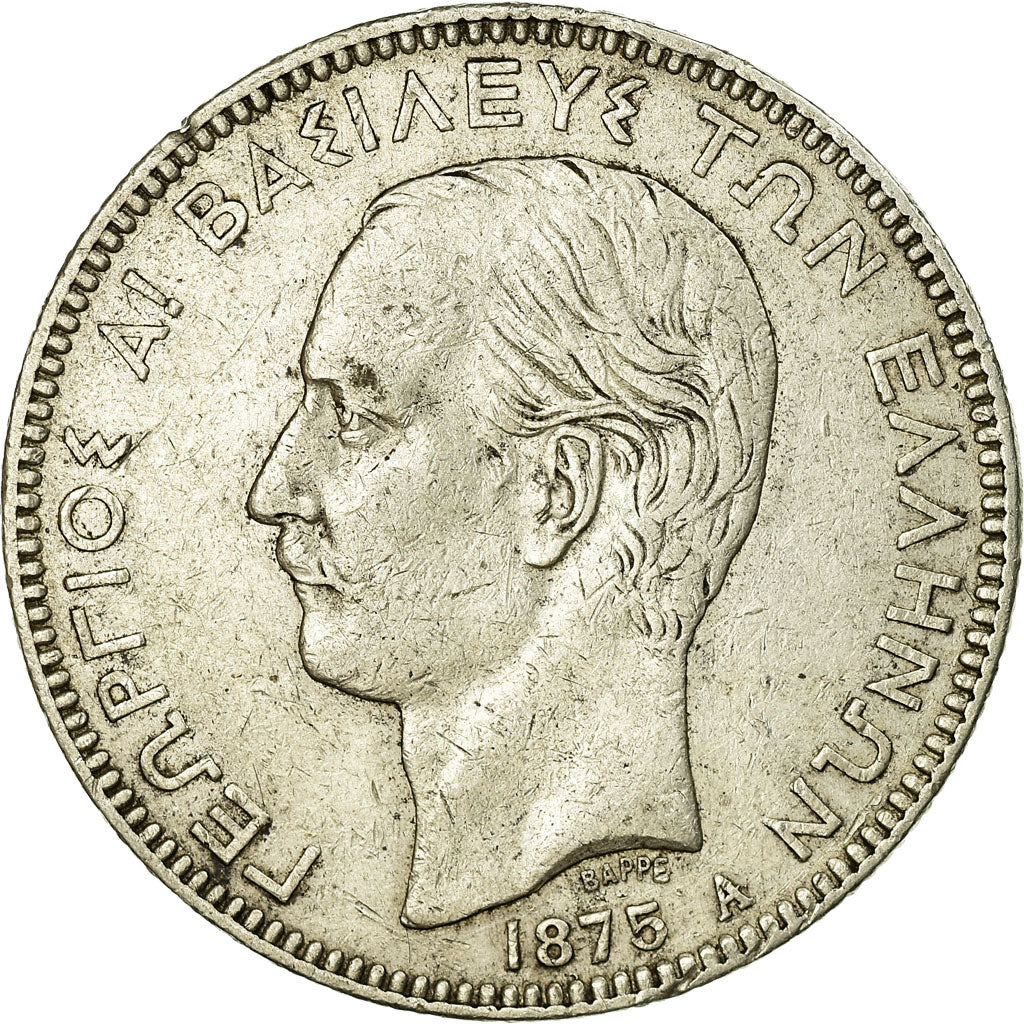 Moneta, Grecia, George I, 5 Drachmai, 1875, Paris, MB+, Argento, KM:46