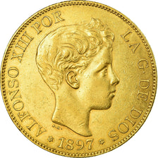 Moeda, Espanha, Alfonso XIII, 100 Pesetas, 1897, Madrid, AU(50-53), Ouro