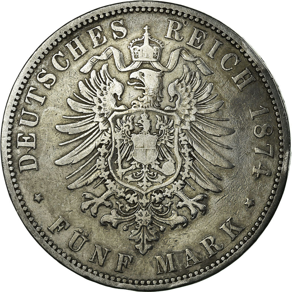 Coin, German States, PRUSSIA, Wilhelm I, 5 Mark, 1874, Berlin, VF(20-25)