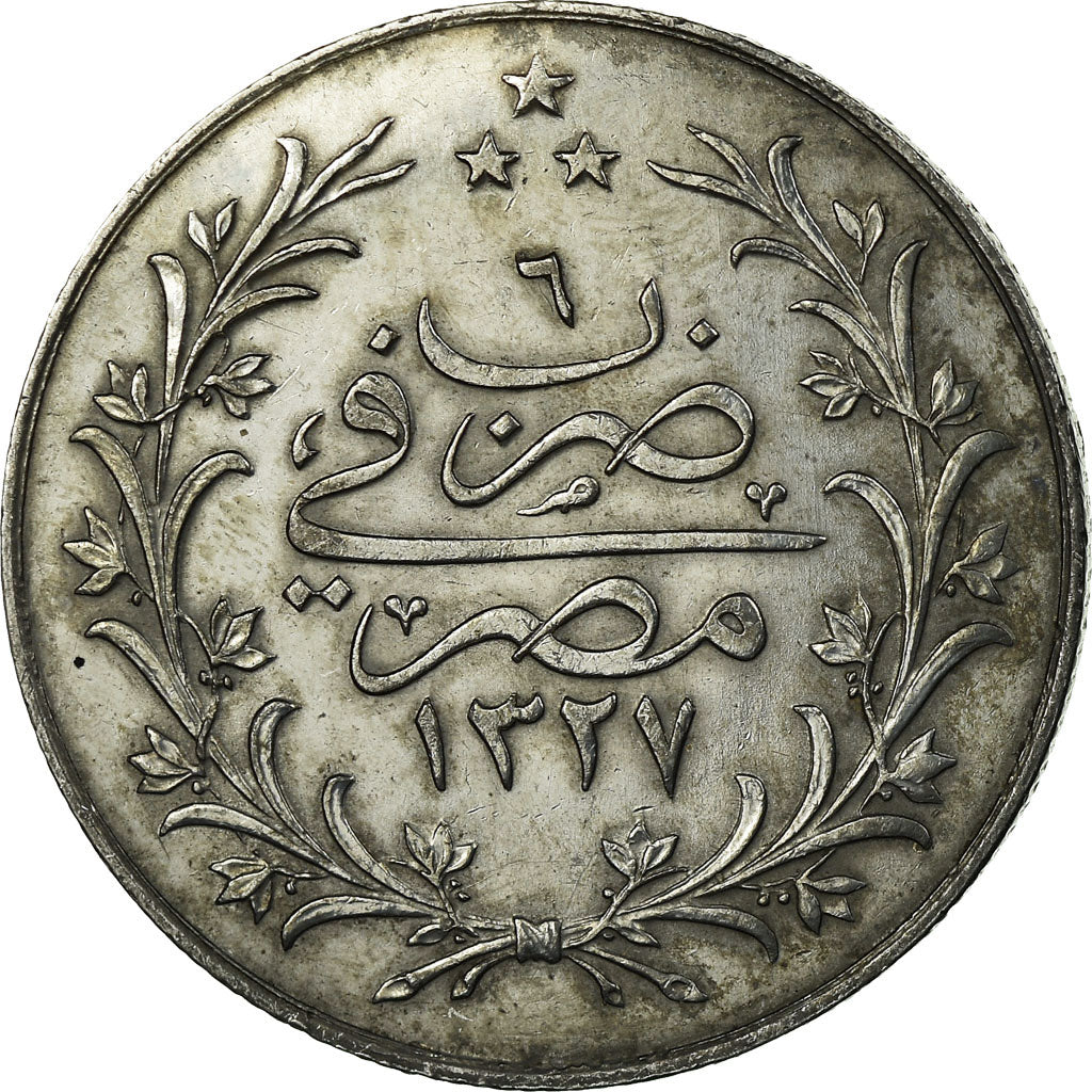 Moneta, Egitto, Muhammad V, 10 Qirsh, 1913/AH1327, Heaton, BB+, Argento, KM:309