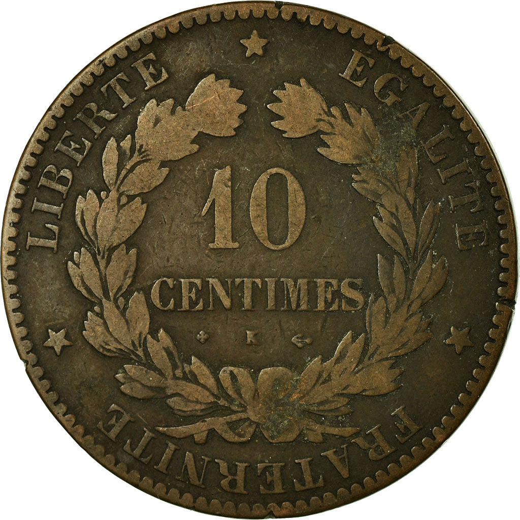 Monnaie, France, Cérès, 10 Centimes, 1876, Bordeaux, TB, Bronze, Gadoury:265a