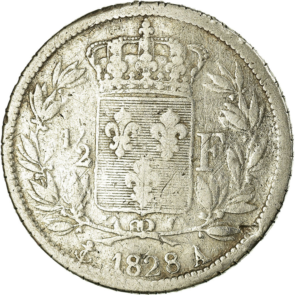 Moneda, Francia, Charles X, 1/2 Franc, 1828, Paris, BC+, Plata, KM:723.1