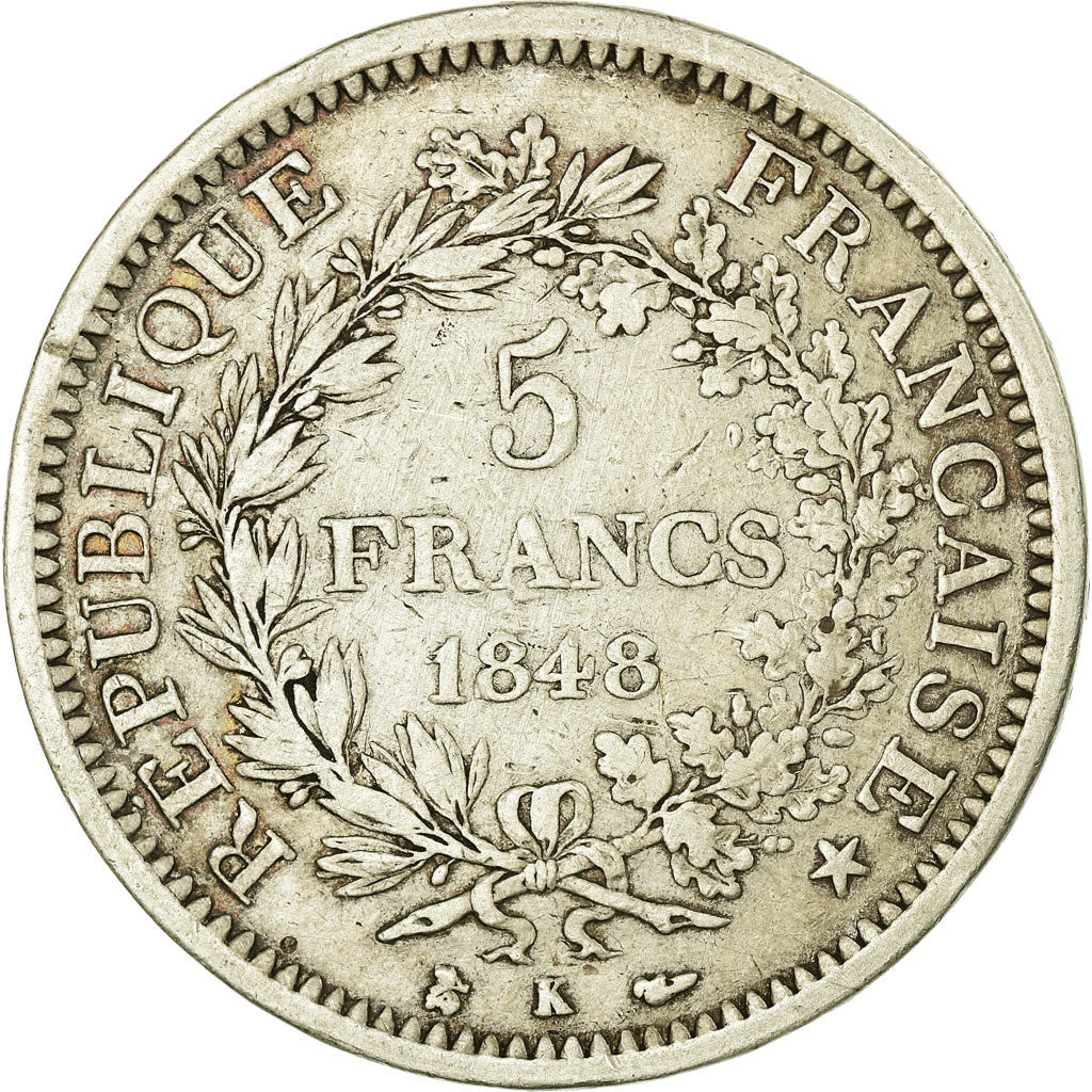 Moneta, Francia, Hercule, 5 Francs, 1848, Bordeaux, MB+, Argento, KM:756.4