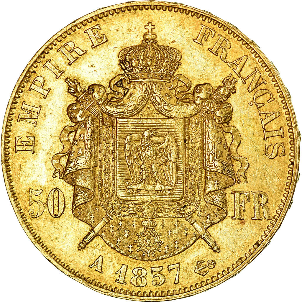 Moneta, Francia, Napoleon III, Napoléon III, 50 Francs, 1857, Paris, BB+, Oro
