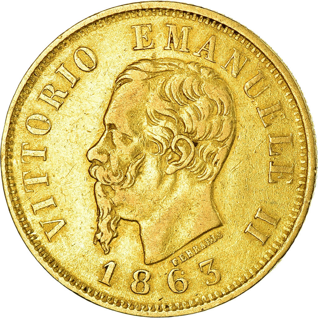Munten, Italië, Vittorio Emanuele II, 10 Lire, 1863, Torino, ZF, Goud, KM:9.3