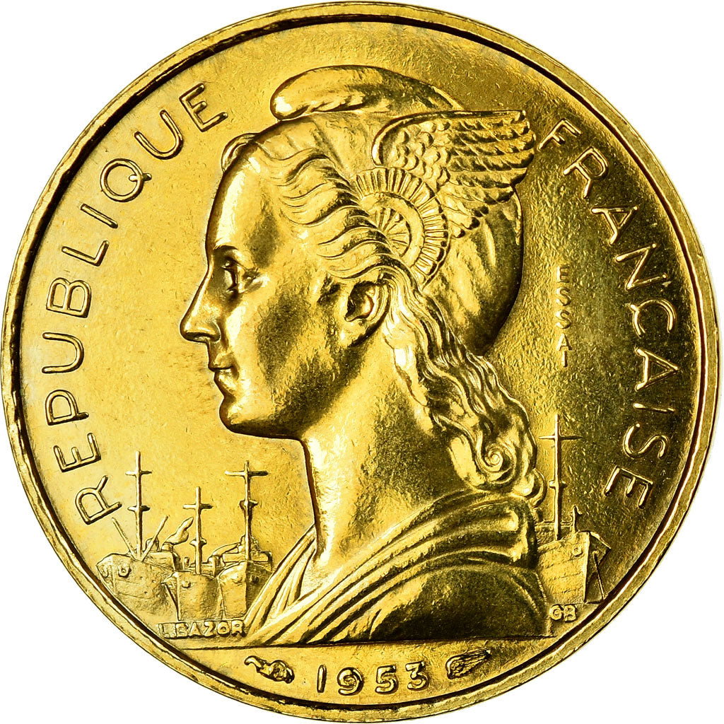 Coin, Madagascar, 20 Francs, 1953, Paris, ESSAI, MS(60-62), Aluminum-Bronze