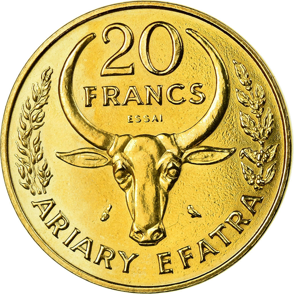 Coin, Madagascar, 20 Francs, 1970, Paris, ESSAI, MS(60-62), Aluminum-Bronze