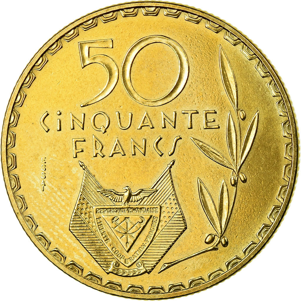 Coin, Rwanda, 50 Francs, 1977, Paris, ESSAI, MS(60-62), Brass, KM:E7
