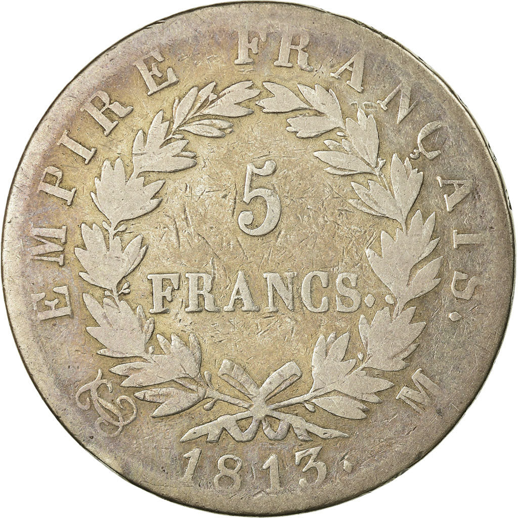 Moneta, Francia, Napoléon I, 5 Francs, 1813, Toulouse, MB, Argento, KM:694.10