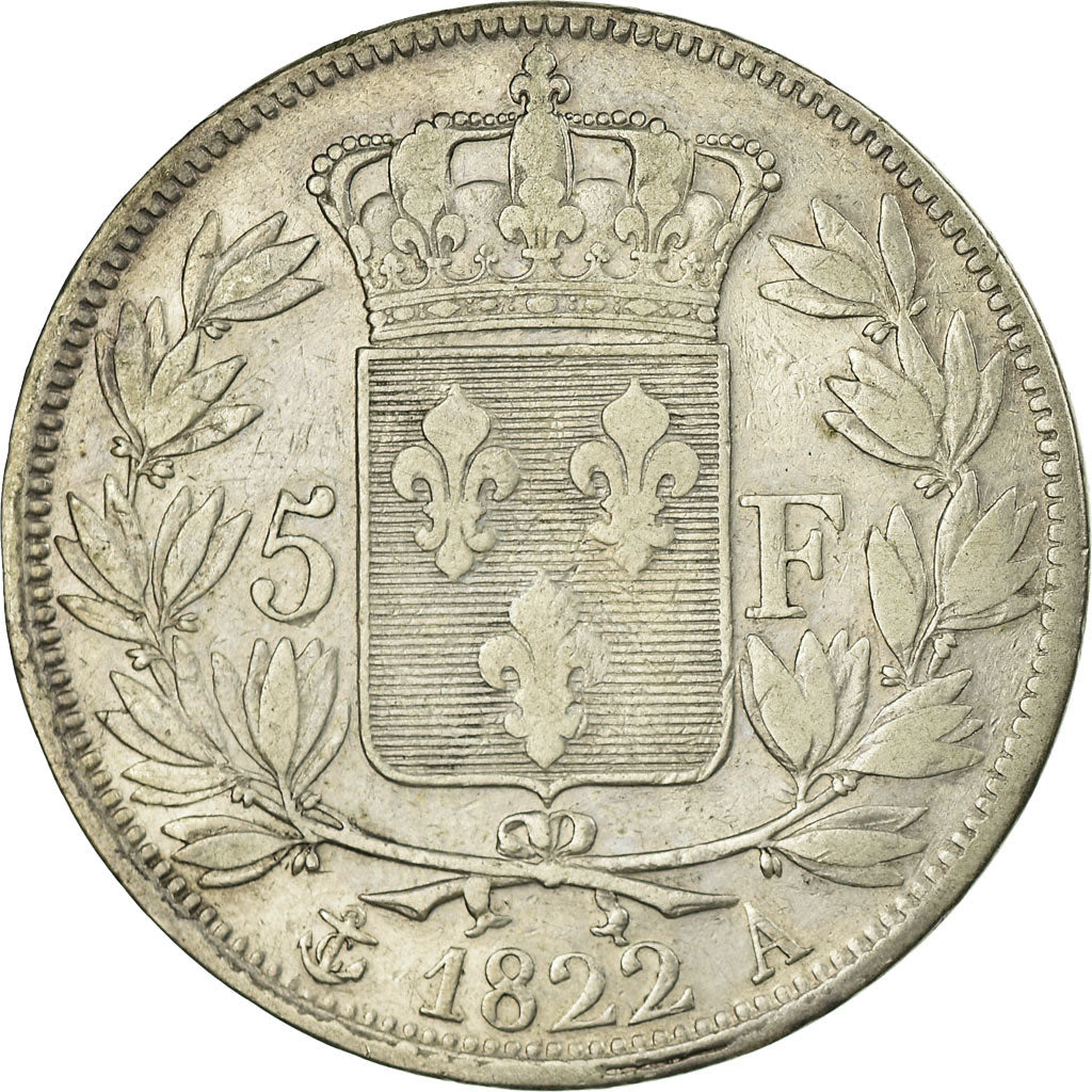 Coin, France, Louis XVIII, 5 Francs, 1822, Paris, VF(30-35), Silver